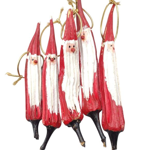 Vintage Red Okra Hand Painted Santa Vegetable Set of 5 Ornaments 7" Handmade - Picture 1 of 6